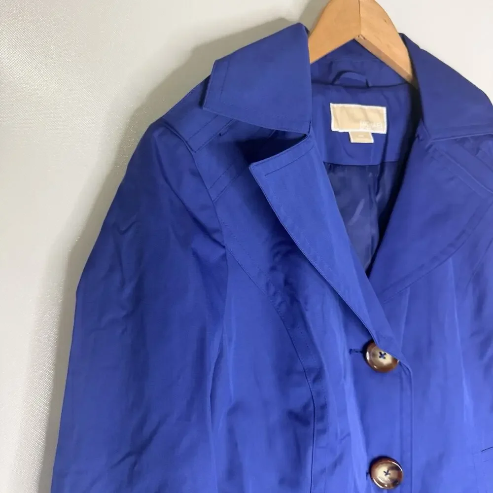 Michael Kors Trench Coat Womens M Blue Cobalt Mid Length Lined Button Front